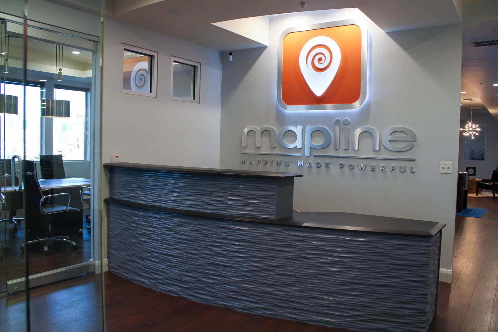 Commercial reception counter and painted wall