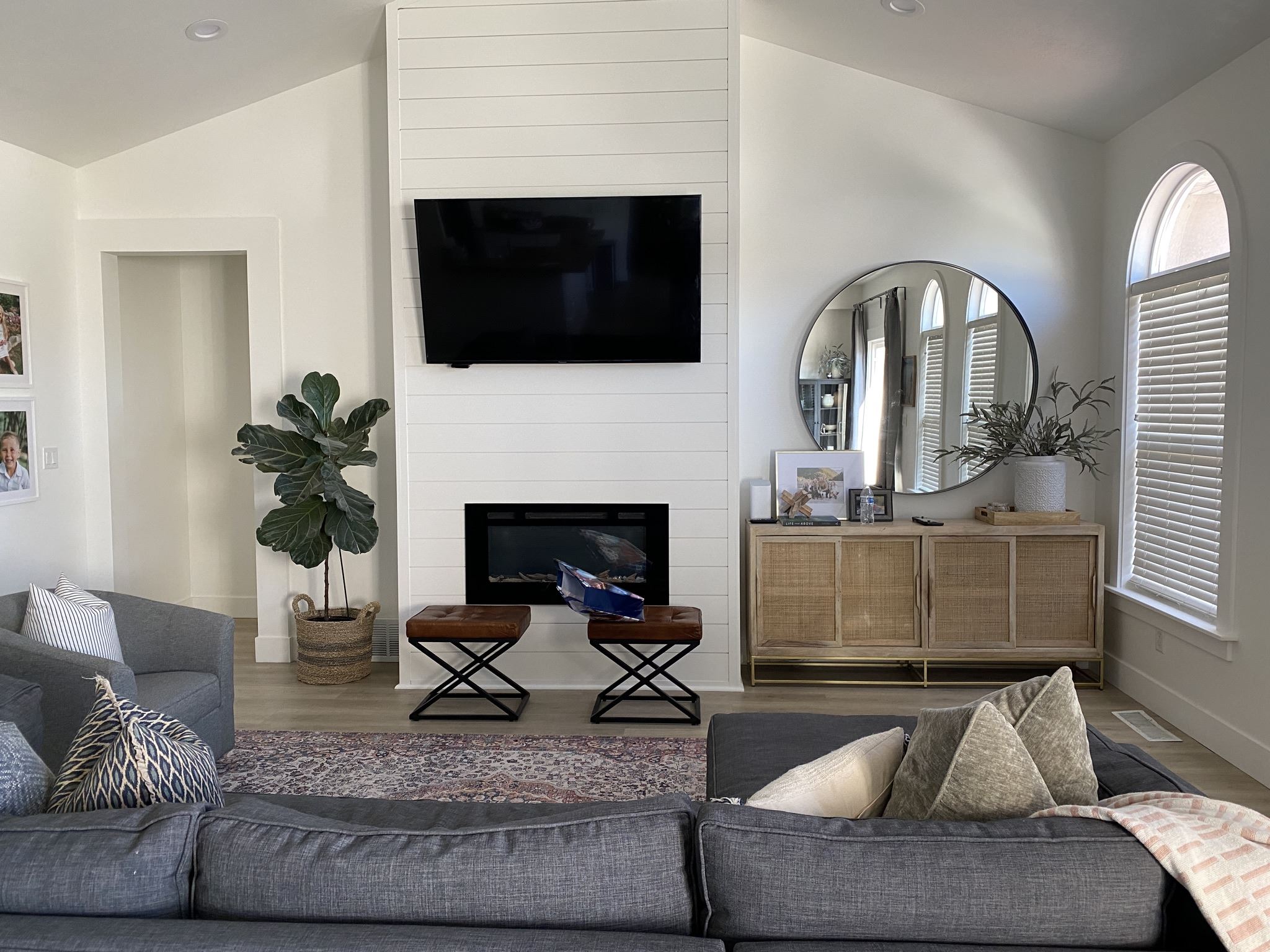 White fireplace surround and painted built-ins